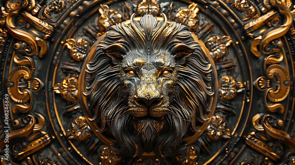 This captivating image showcases a meticulously crafted metallic sculpture of a lion’s head.