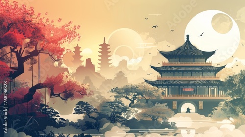 Ancient Chinese Architecture in Confucianism Illustration