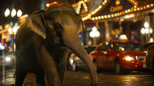 Elephant Walking Down Street at Night
