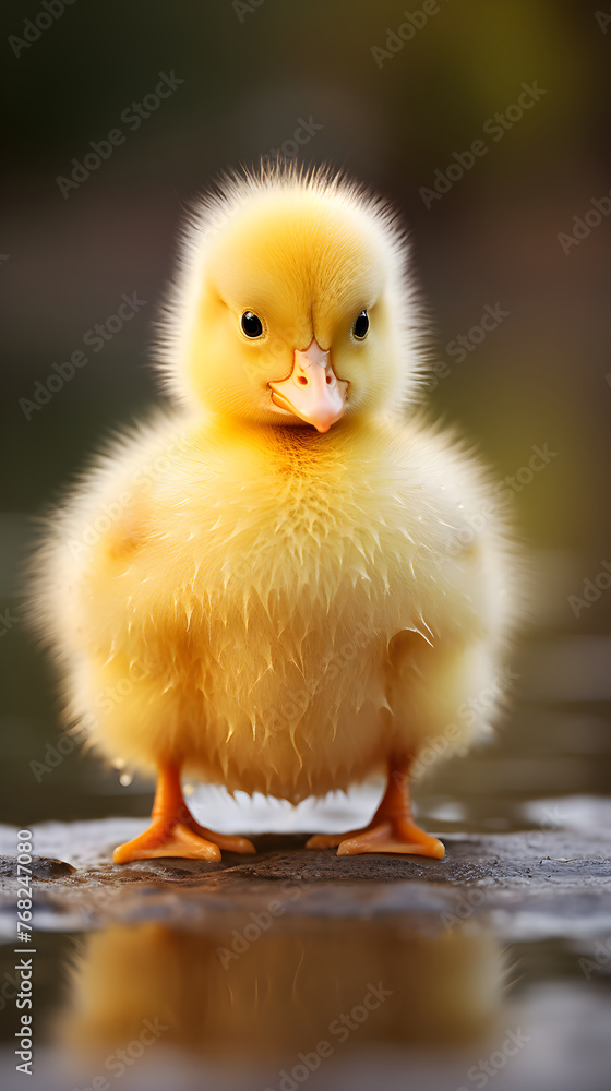 Adorable Innocence: Close-Up Portrait of a Single Yellow Duckling in Natural Outdoor Surroundings