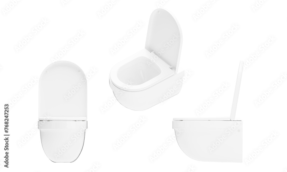 Modern White Ceramic Toilet in Various Angles on Black Background Modern White Ceramic Toilet in Various Angles on Black Background