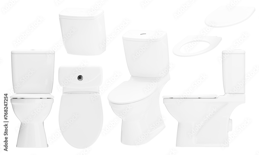 Modern White Ceramic Toilet in Various Angles on Black Background