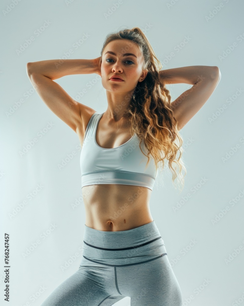Fototapeta premium Attractive woman with a fashionable hairstyle in stylish sportswear. Fashion and beauty, active lifestyle and sports.