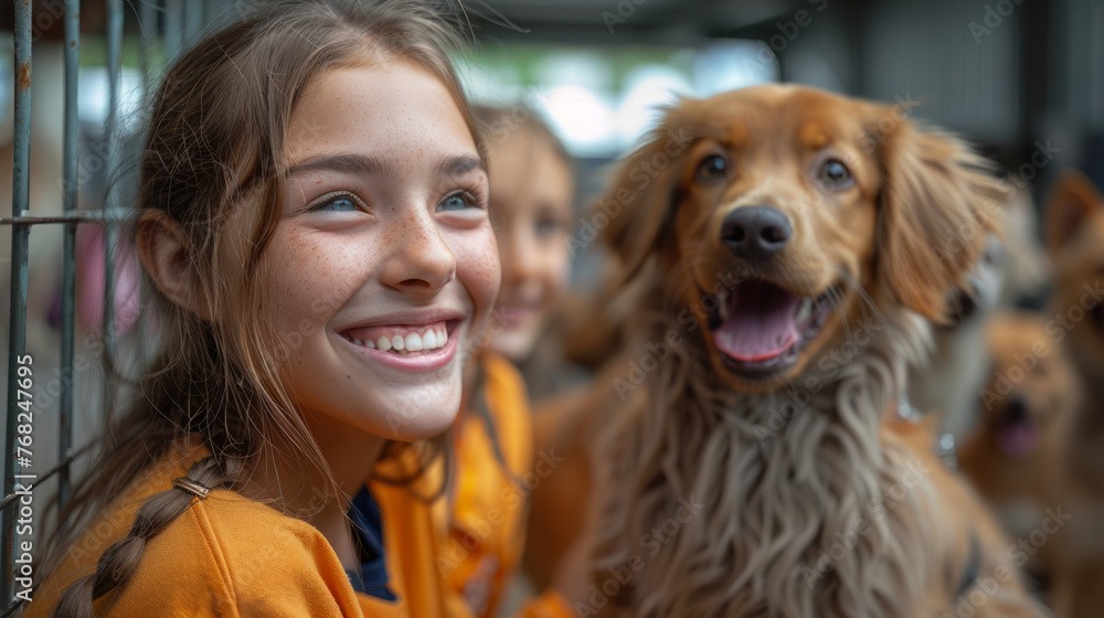 Happy young girl interacting with a friendly dog during an educational workshop at an animal shelter. High-definition capture of companionship and learning