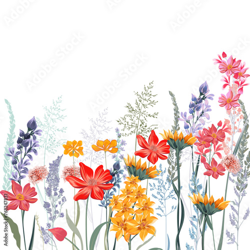 Fashion vector floral illustration with garden and meadow flowers