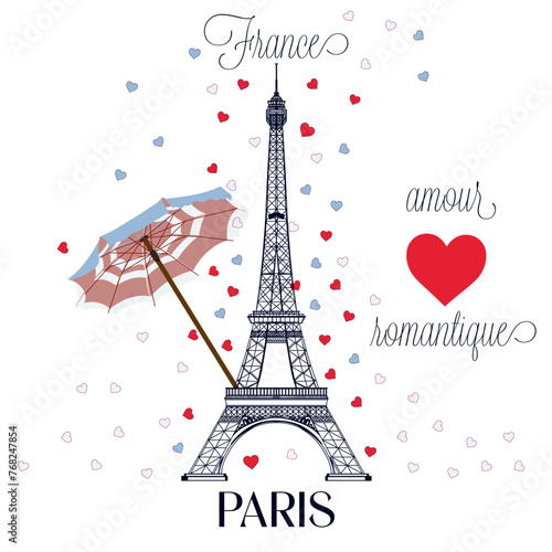 Fashion vector illustration with Eiffel tower, umbrella and hearts