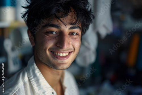 A smiling man with a white shirt and dark hair