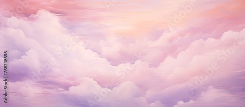An exquisite painting showcasing a serene sky filled with fluffy white clouds, capturing a peaceful and calming atmosphere
