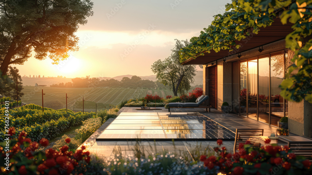 Obraz premium solar panels on an open terrace, sunset, beautiful photo