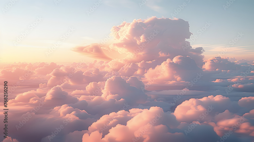 Clouds background in soft, warm, pastel and neutral colors. Aesthetic minimalism wallpaper for social media content. View of sky above clouds. Serene, calming backdrop. Tranquility and simplicity. - obrazy, fototapety, plakaty 