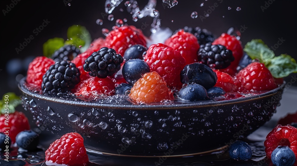 Closeup of fresh raspberries and blueberries in bowl with water drops Closeup of fresh raspberries and blueberries in bowl with water drops
