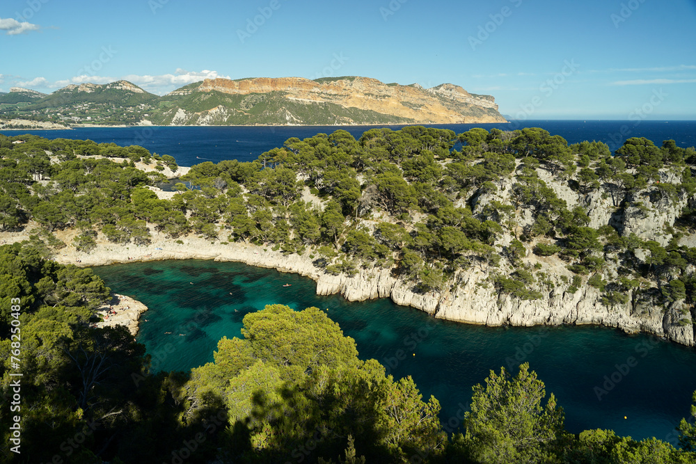 Calanques National Park turquoise water bay surrounded by cliffs with pine trees, beautiful summer holiday destination, Cassis, Provence, France