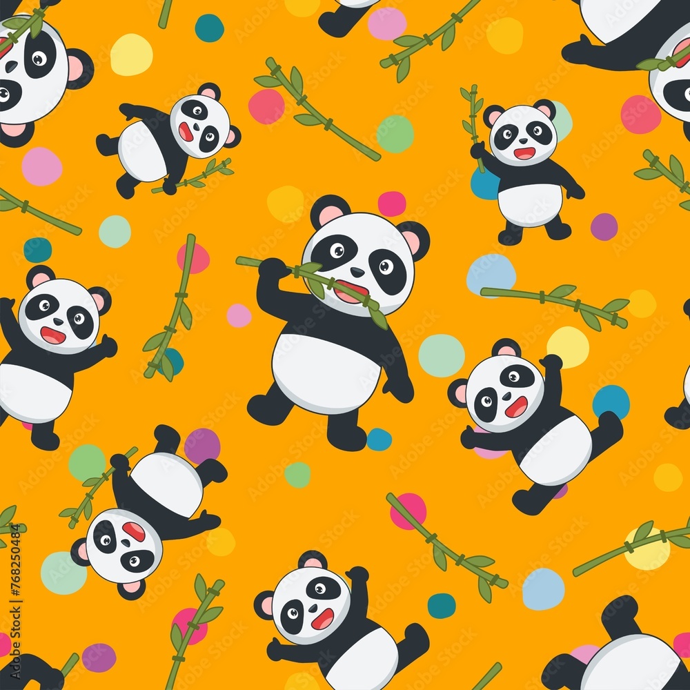 Cute Panda seamless pattern with orange color background for kids