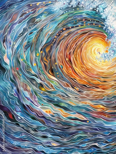 A dynamic painting capturing the powerful movement of a wave in the vast expanse of the ocean