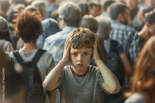 Overwhelmed Child in a Crowd photo