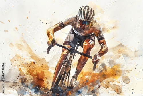 Brown watercolor painting of professional cyclist in road bike race photo