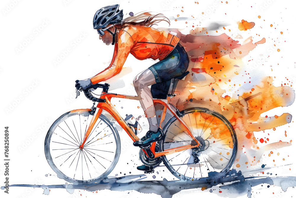Fototapeta premium Orange watercolor painting of side view woman cyclist in road bike