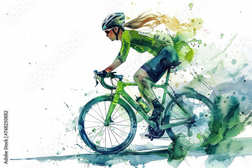 Green watercolor painting of side view woman cyclist in road bike © Ema