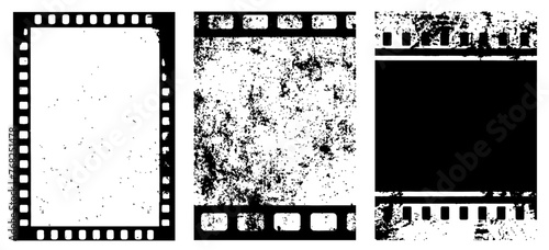 Set of 3 transparent vector grunge abstract movie film strip dirty poster background textures with dust overlay. Place artwork over any image to make distressed effect