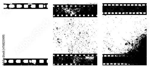 Set of 3 transparent vector grunge abstract movie film strip dirty poster background textures with dust overlay. Place artwork over any image to make distressed effect