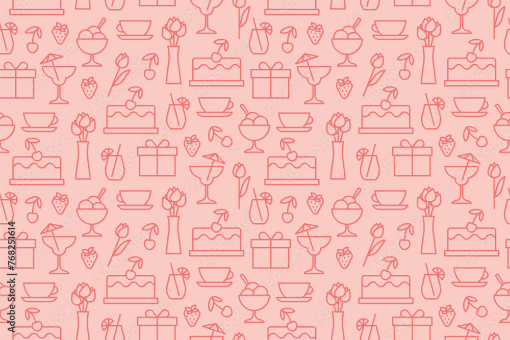 mother's day, love seamless pattern with present, flowers, cake, icecream, fruits, cocktail icons; use for greeting cards, gift wrap, digital invitations or social media graphics- vector illustration mother's day, love seamless pattern with present, flowers, cake, icecream, fruits, cocktail icons; use for greeting cards, gift wrap, digital invitations or social media graphics- vector illustration