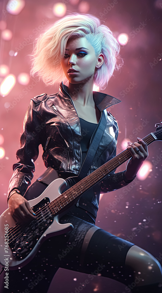 A woman is holding a guitar and wearing a leather jacket.
