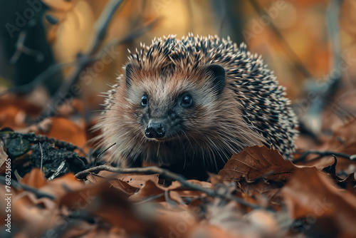 A brown and white hedgehog is standing on a pile of leaves