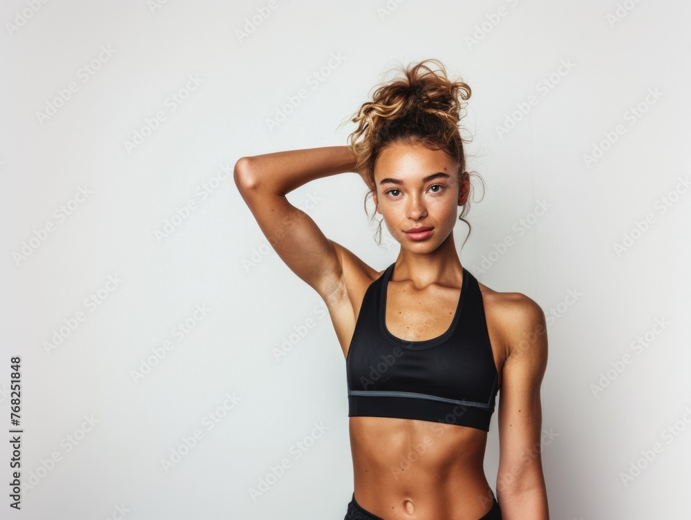 Fototapeta premium Attractive woman with a fashionable hairstyle in stylish sportswear. Fashion and beauty, active lifestyle and sports.
