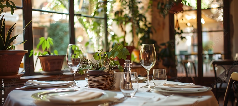 Elegant table setting at a fine dining restaurant with beautiful greenery and stylish decor