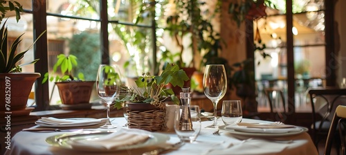 Elegant table setting at a fine dining restaurant with beautiful greenery and stylish decor