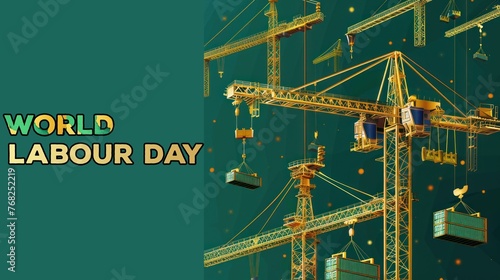 World Labour Day. Greeting card for Labor Day with tower crane construction equipment ornaments isolated on the background of emerald green typical of Arabian style photo
