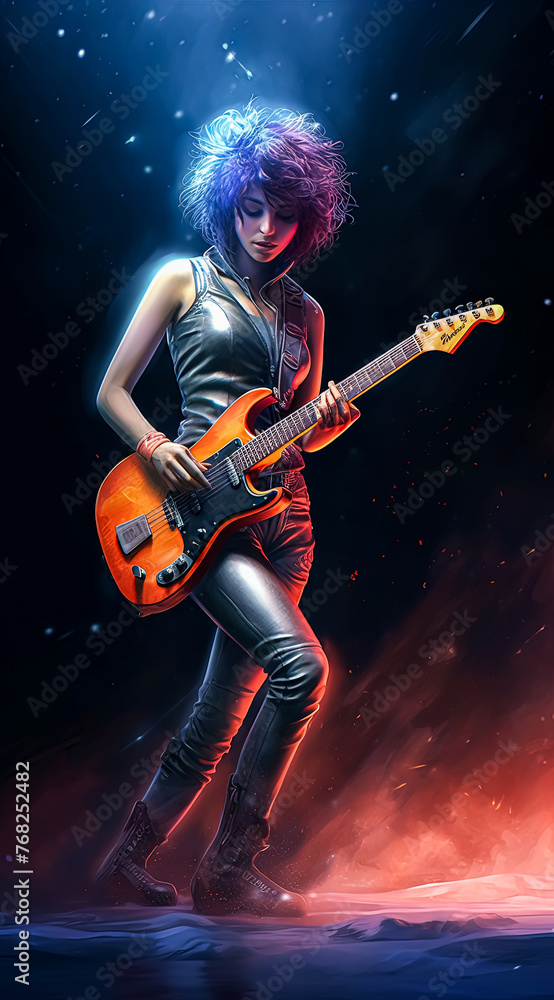 A woman is holding a guitar and wearing a leather jacket.