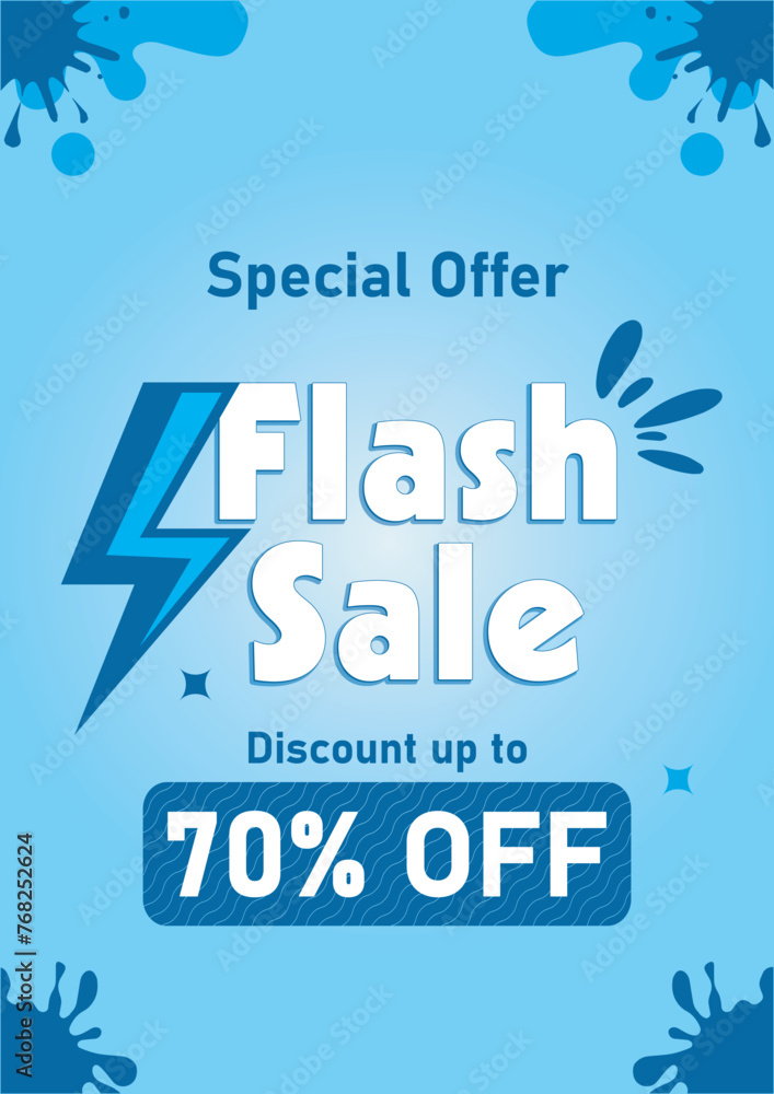 Flash sale promotion. Sale banner with upto 70% percent off. Special offer limited in time. Commercial poster.