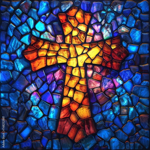 Christian cross in stained glass mosaic