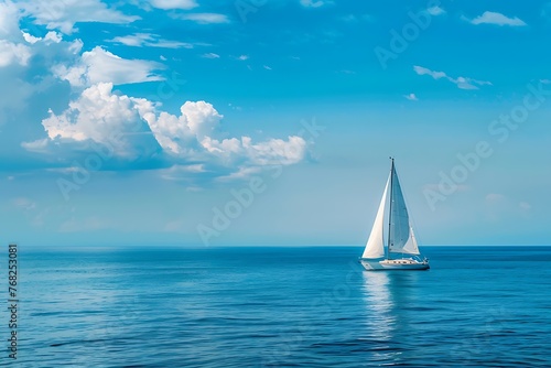 Sailboat on a Calm Sea with White Sails and Blue Sky With White Clouds in Background