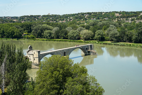 Obraz na płótnie Pont d'Avignon medieval bridge across Rhone river (Pont Saint Bezenett) aerial view, popular tourist landmark, Provence, France w salonie