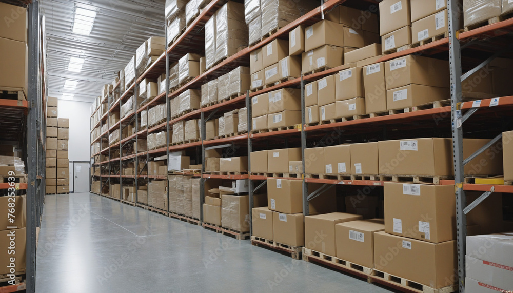 Warehouse with a multitude of boxes and packages for delivery of product purchases