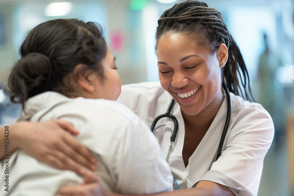 Empathy in Action on Health Day: Warm-hearted Nurse Offering Comfort and Support to a Patient, Set Against the Calm Background of a Hospitals Healing Environment.
