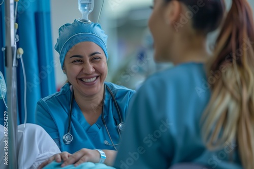 Empathy in Action on Health Day: Warm-hearted Nurse Offering Comfort and Support to a Patient, Set Against the Calm Background of a Hospitals Healing Environment.