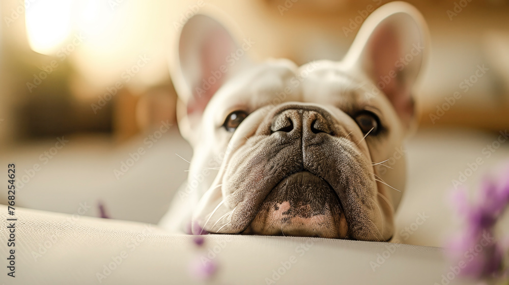 a french bulldog in a bright and cozy room, a french bulldog in a bright and cozy room,
