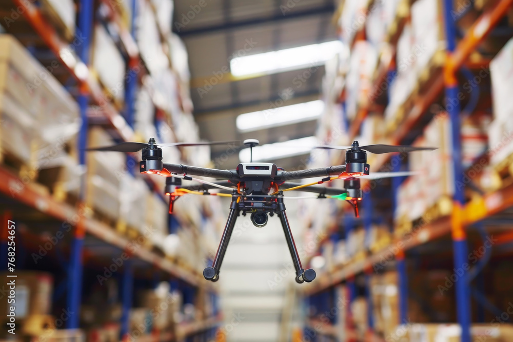 A drone is flying in a warehouse A drone is flying in a warehouse