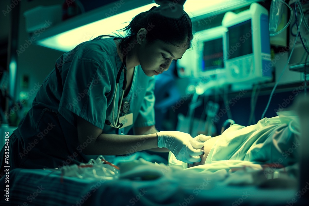 Frontline Compassion on Health Day: A Nurse Engaged in Life-Saving Procedures, Showcasing the Intensity and Dedication Within the Fast-Paced Environment of an Emergency Room. Frontline Compassion on Health Day: A Nurse Engaged in Life-Saving Procedures, Showcasing the Intensity and Dedication Within the Fast-Paced Environment of an Emergency Room.