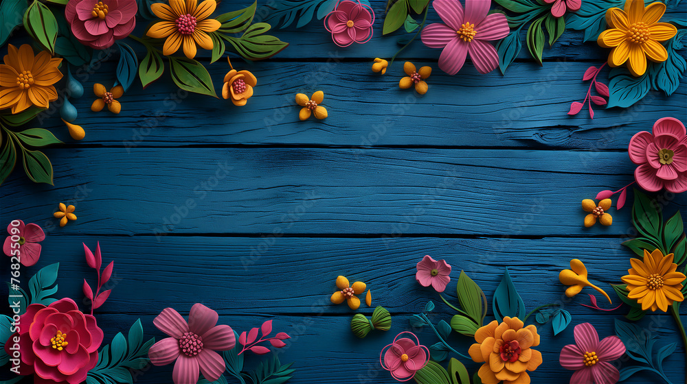 Wooden crafted flowers on plank background.