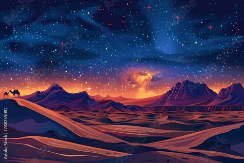 Journey through a vast desert landscape beneath a starry night sky, where endless sand dunes sprawl across the horizon. Witness a solitary camel caravan making its way towards a distant oasis