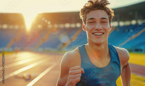 A young athletic man is jog...