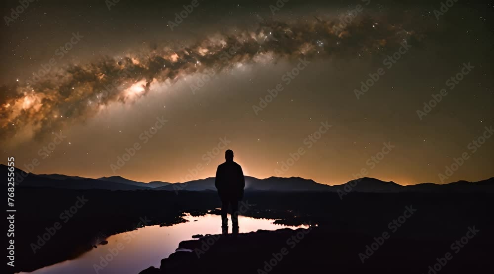 Silhouette of a man looking at the beauty of universe, stars, galaxy, milky way. Zoom in. Infinite universe. Silhouette of a man looking at the beauty of universe, stars, galaxy, milky way. Zoom in. Infinite universe.