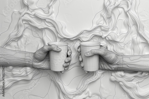Coffee cups are held in the hands of two people in continuous line drawings