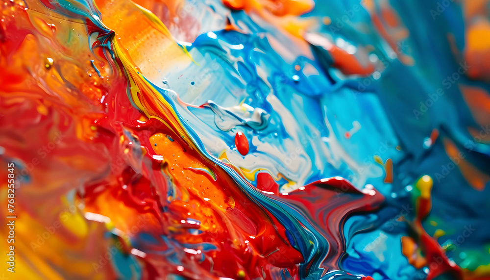 A close-up view of a vibrant rainbow-colored liquid creating a dazzling display. The liquid appears to be flowing and swirling with various hues blending together.