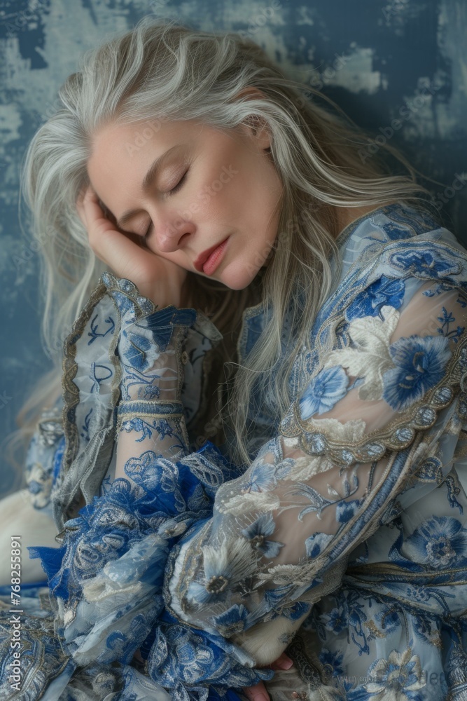 A woman with gray hair and blue dress laying down. Generative AI. A woman with gray hair and blue dress laying down. Generative AI.