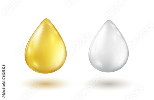 Oil gold and cream drops isolated on white background. Cosmetic spa serum bubble of vitamin E. Vector golden gel, honey or milk droplets elements design
